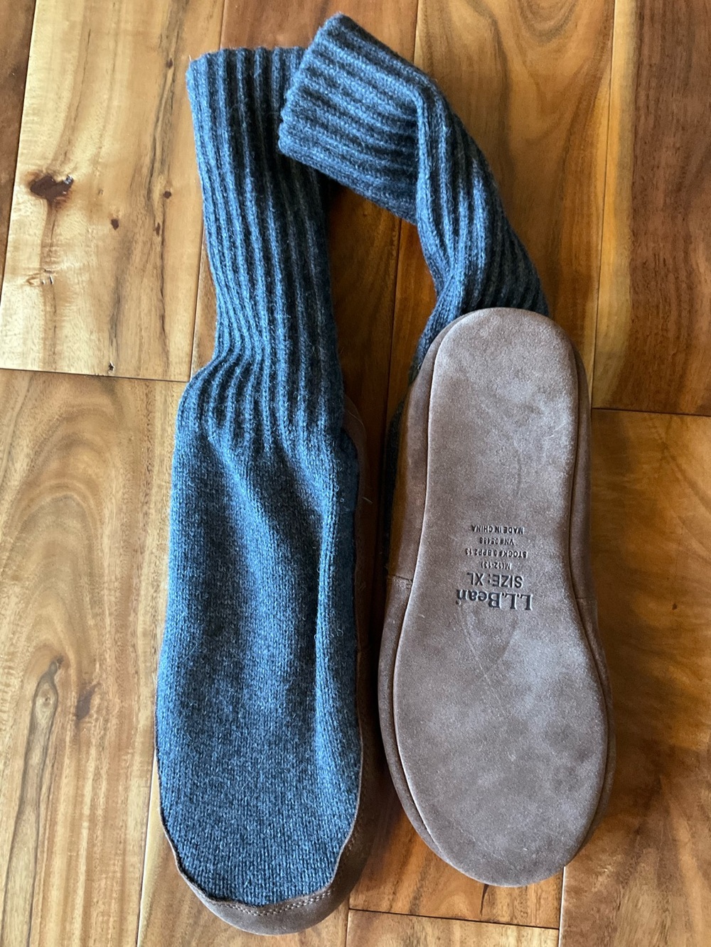 New LL Bean Heritage Slipper Socks Small XL Suede Sole Wool Knit Grey Mens 12-13